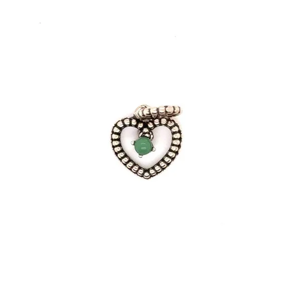 Pandora Sterling Silver Beaded Heart Green Stone Dangle Charm S925 ALE