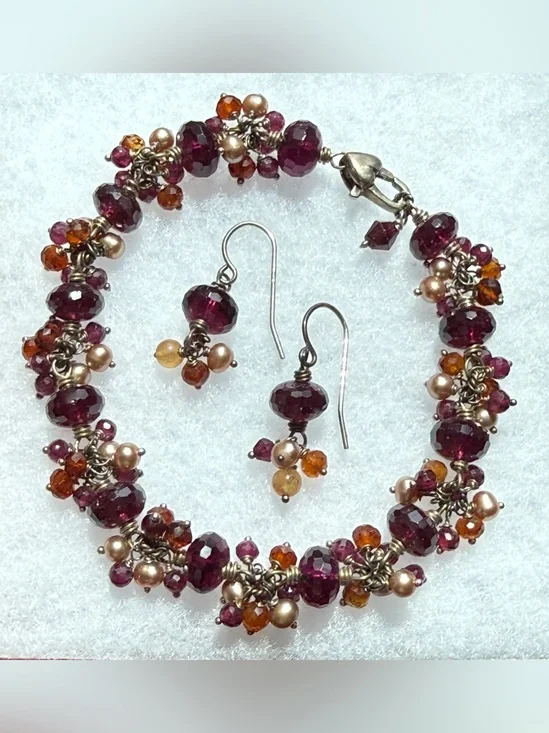 Garnet and Pearl Cluster Bracelet with Matching Earrings - Deep Red