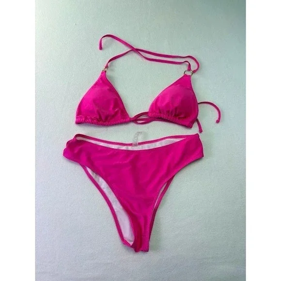 Shein Bikini Set‎ Women 1XL Hot Pink Excellent Triangle High Cut O-Ring