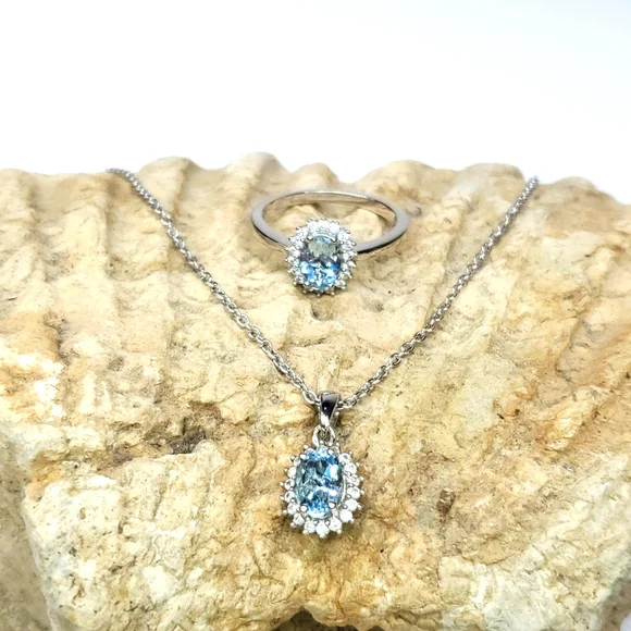 Aquamarine Halo Ring & Necklace Set Sterling Silver Platinum NWT 7