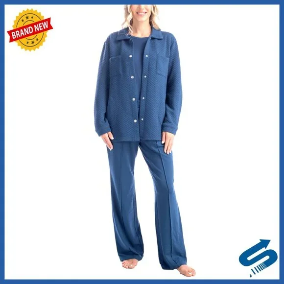 3-Piece Lounge Set with Quilted Shacket, Pajama Pants, Long Sleeve Top