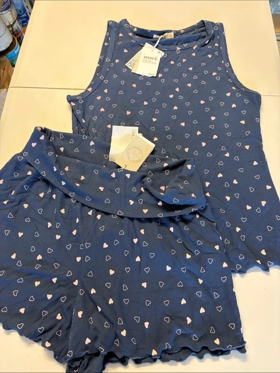 Barefoot Dreams Navy Tank Top & Shorts Set with Pink Heart Print