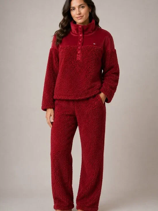 NEW Tommy Hilfiger Sherpa Velour Lounge Set Red Size M
