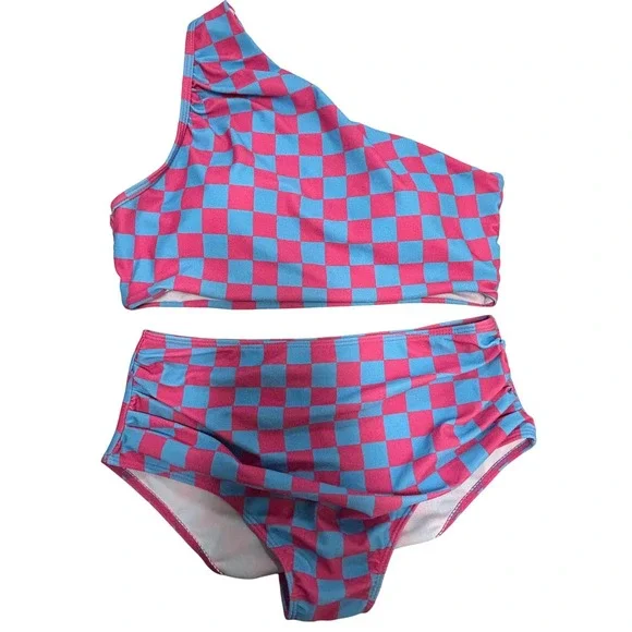 Pink Blue Checkered One Shoulder High Waisted Bikini Set Two Piece Swimsuit L