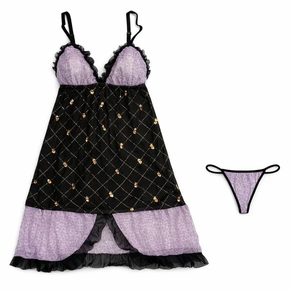 3/$30 Bundle • Lavender Black Gold Babydoll LS44 NWT