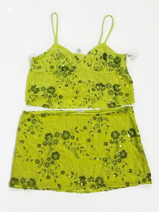 No Boundaries Lime Green Sequin Floral Crop Top & Mini Skirt Set