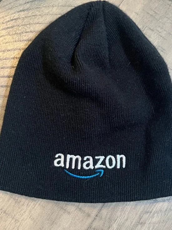 Amazon Black Knit Beanie with White Logo and Blue Arrow.  0004