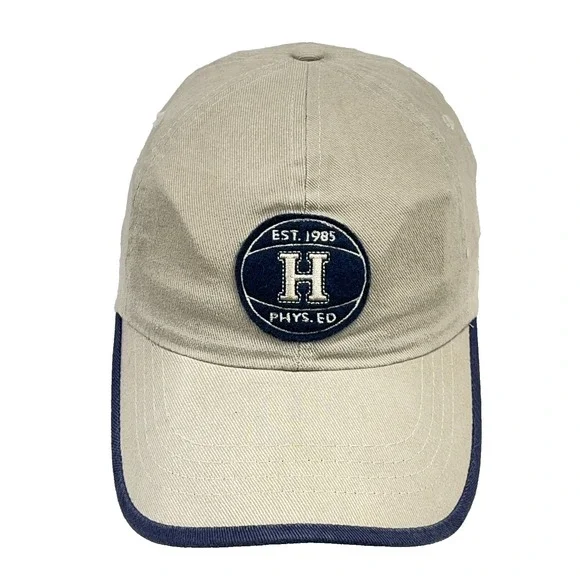 Vintage‎ Tommy Hilfiger Hat Cap Leather Strap Back Tan Blue Spell Out Basketball