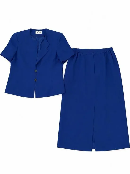 Le Suit Women’s Medium Blue 2 Piece Skirt Suit Short Sleeve Blazer Career