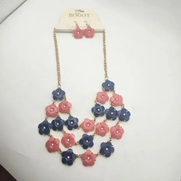 BOGOT Pink Navy Flower Statement Bib Necklace Earrings Set Gold Tone Rhinestone