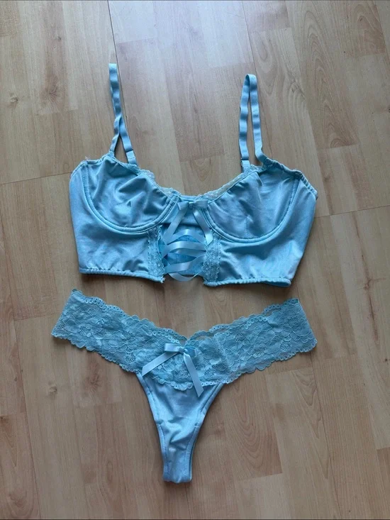Light Blue Lace Trim Lingerie Set - Satin Bralette & Thong