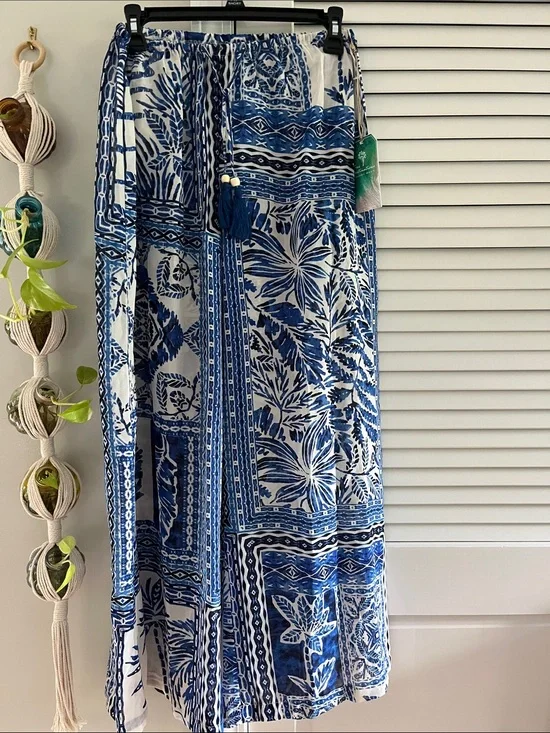 Blue & White Floral Wide-Leg Pants - Lightweight with Kimono Set