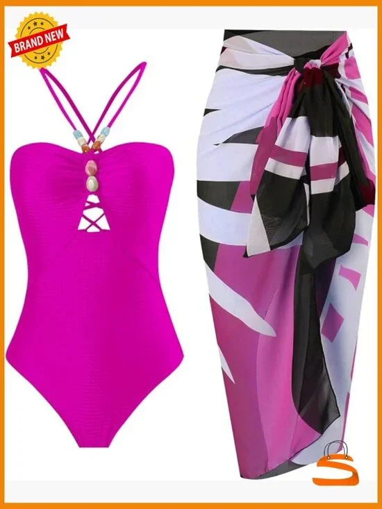 Women One-Piece Swimsuit with Wrap Skirt Cover Up Sarong Set
