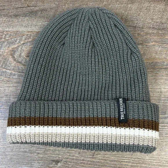 True Religion Sherpa Lined Knit Beanie Hat | Gray Cream Brown | Winter Cap