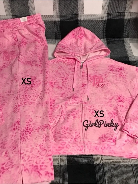 VS PINK IVY FLEECE CAMPUS FULL ZIP & SWEATPANTS PINK LEOPARD PRINT LOGO XS