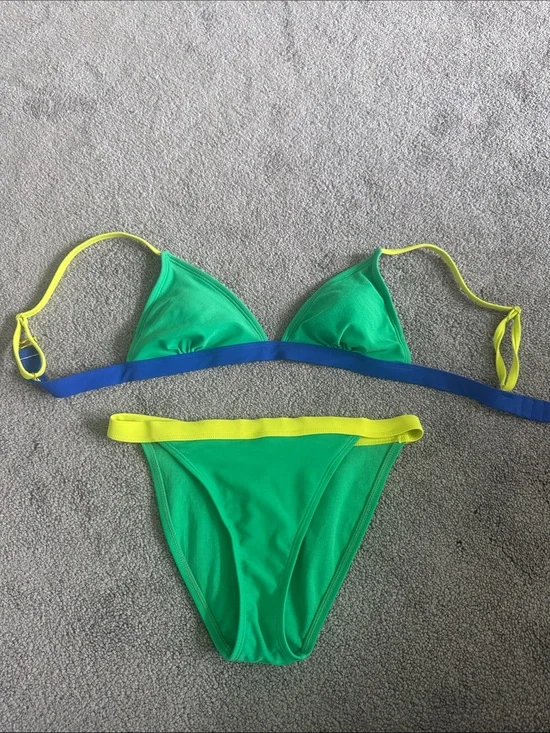 Target Green Bikini with Blue Band and Yellow Straps