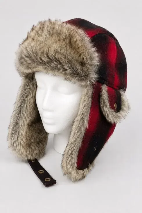 Pendleton Buffalo Plaid Wool Trapper Hat Faux Fur Leather Red Black L/G