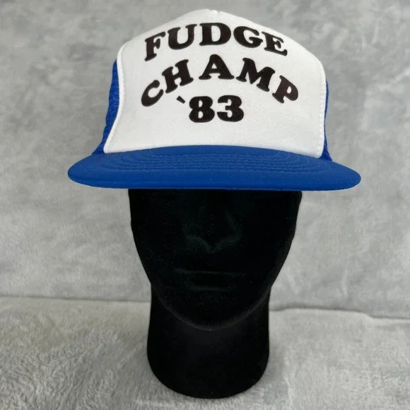 Vintage 1983 Fudge Champ Trucker Hat Large Blue Mesh Snapback Sportcap Retro