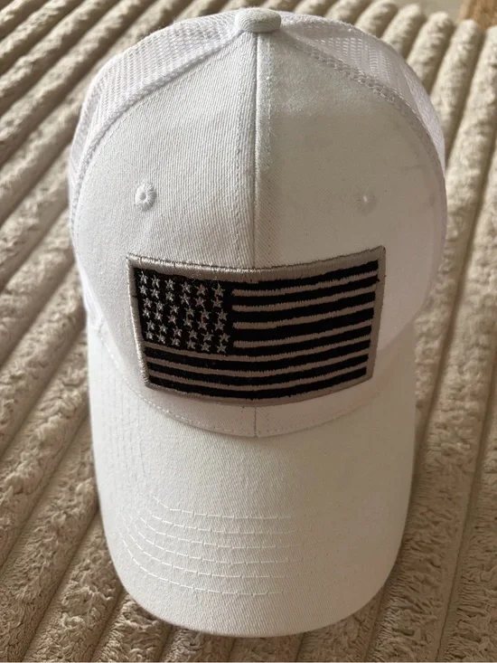 Men's White Baseball Cap with Black & White American Flag Patch
