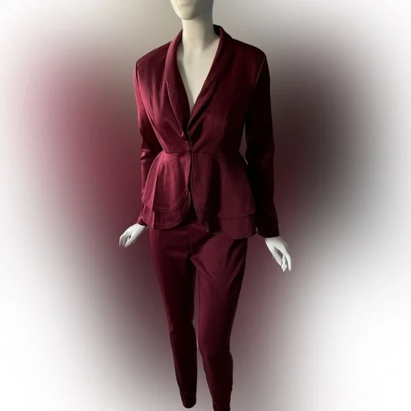 Burgundy Peplum Blazer and Slim Fit Trousers Pant‎ Suit Set 2 Piece Maroon