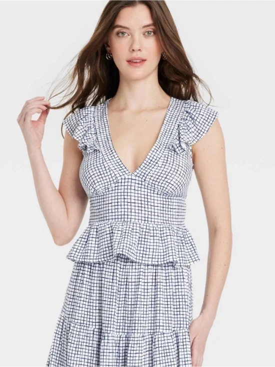 Universal Thread L Sleeveless V-Neck Ruffle Peplum Top in Blue Check
