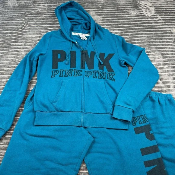 Victoria's Secret PINK Tracksuit Set Teal Blue Zip Hoodie Joggers Medium 307999