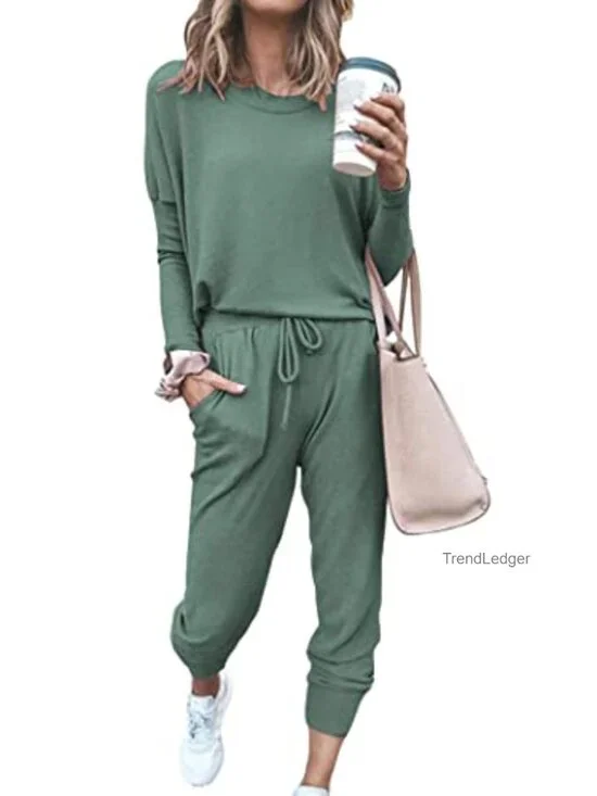 2 Piece Lounge Set Women Tracksuit Jogger Sweatsuit Long Sleeve High Waist
