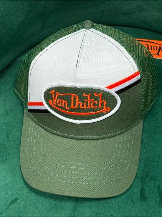 Von Dutch Olive, White & Orange Logo Trucker Cap