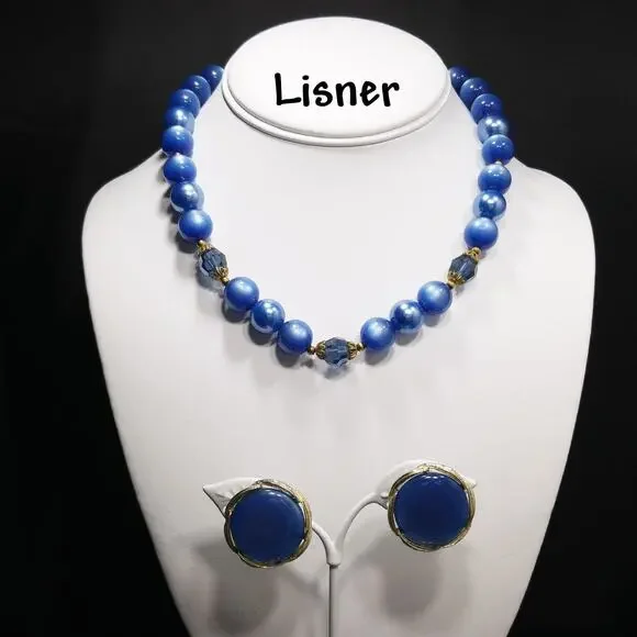 Lisner Blue Moonglow Lucite Necklace Clip On Earrings Set 1950s Vintage Jewelry