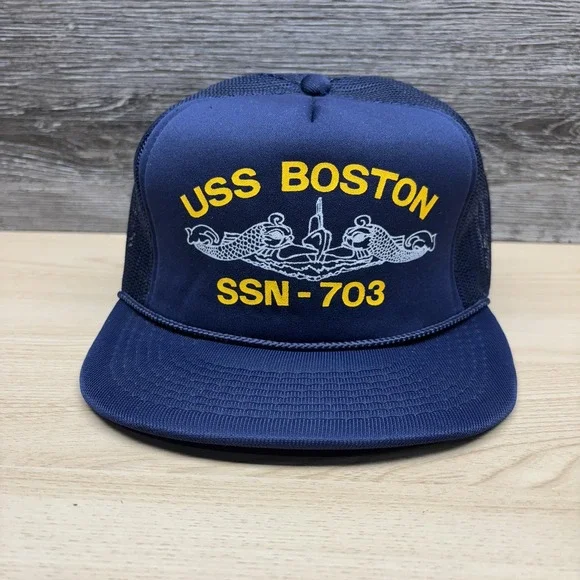 Vintage USS Boston Hat Cap Snap Back Navy Mesh Trucker‎ Mens One Size 80s