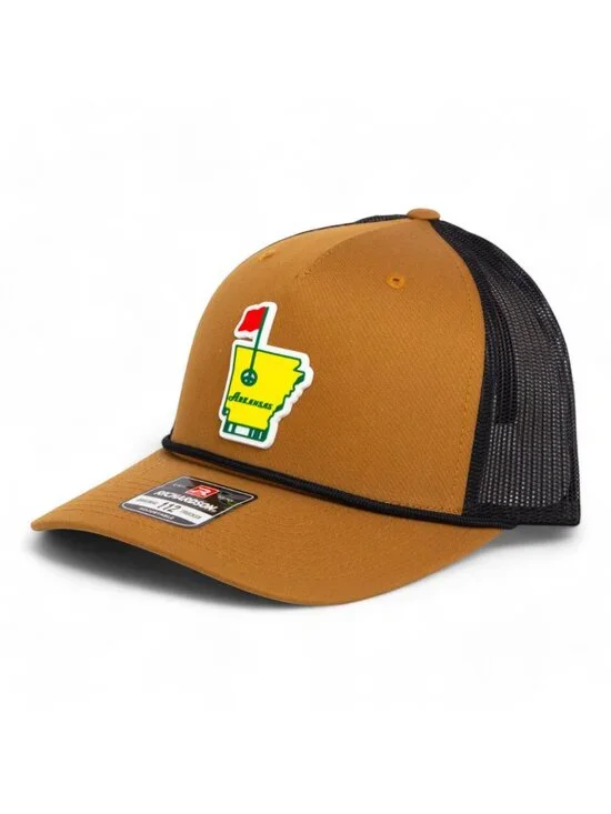 Arkansas Masters Golf 3D Snapback Trucker Rope Hat- Carmel/ Black