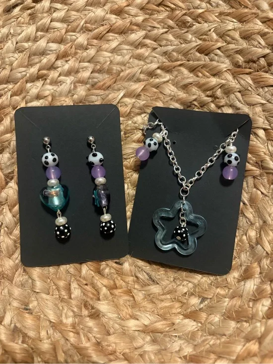 Handmade Black & Purple Bead Star Necklace and Matching Earrings Set