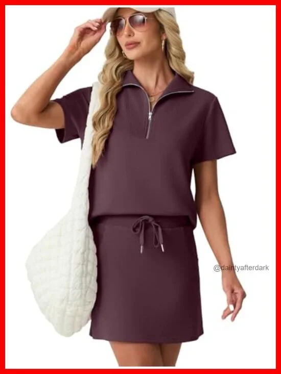 Women's 2 Piece Skort Set Half Zip Short Sleeve Top & Pocketed Tennis Skirt