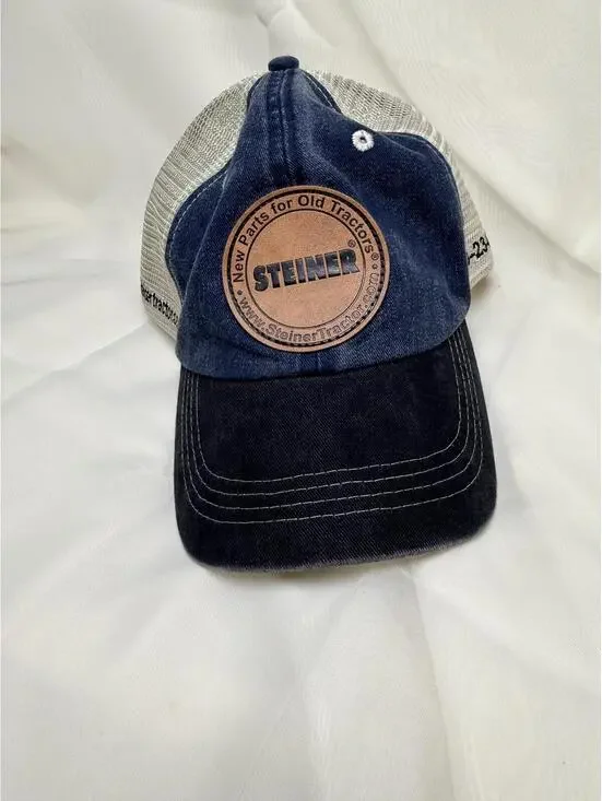 Steiner Tractor Parts Mesh Trucker Hat Blue Tan Leather Patch Snapback