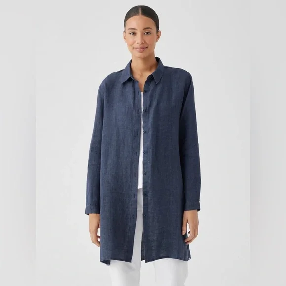 Eileen Fisher Washed Organic Linen Délavé Dusk Blue Button Down Long Shirt XXS