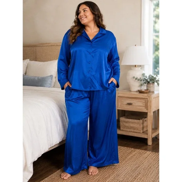 Frederick's of Hollywood 3X Cobalt Blue Satin Pajama Set Wide Leg Lounge Y2K