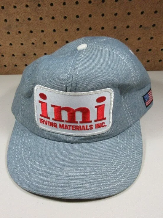 Vintage IMI mens blue chambray Irving Materials concrete snapback hat USA EUC