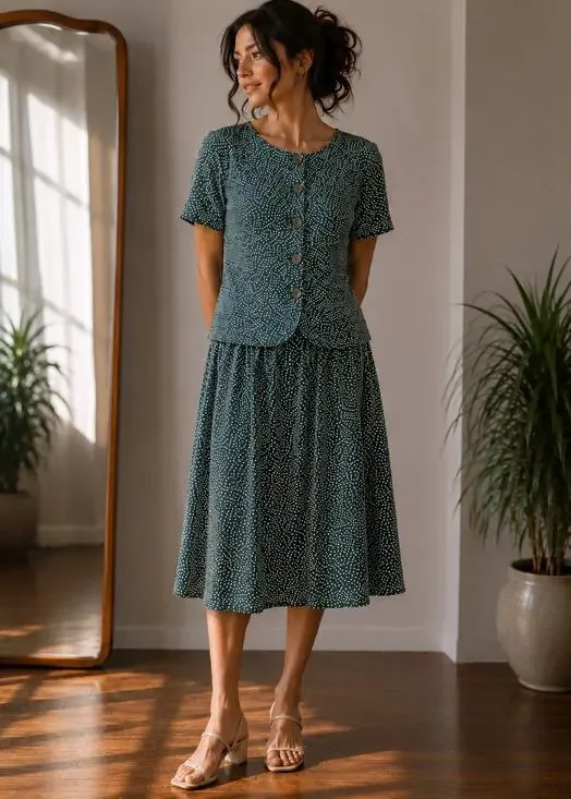 Vtg 90s Green Polka Dot Blouse Matching Midi Skirt Coord Set M  Femme Tradwife