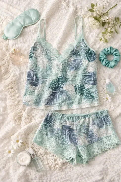 NWT In Bloom by Jonquil Women's Lace Cami & Shorts Pajama Set Aqua Palm Size XL