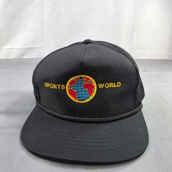 Vintage Sports World Hat Black Snapback‎ Rope Brim Cap Korea OSFA