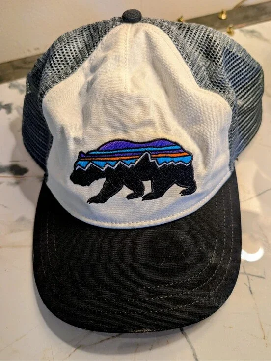 Patagonia White and Black Bear Patch Snap Back Trucker Hat