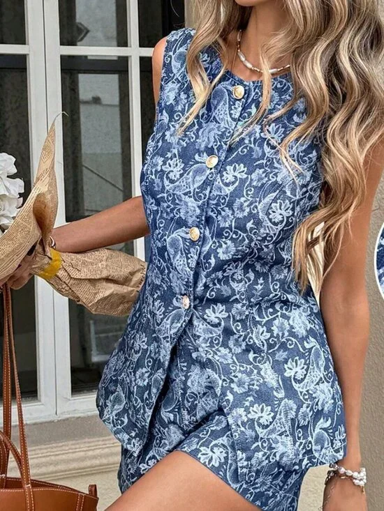 Blue Casual Women'sChic Floral Print Vest and Shorts Set