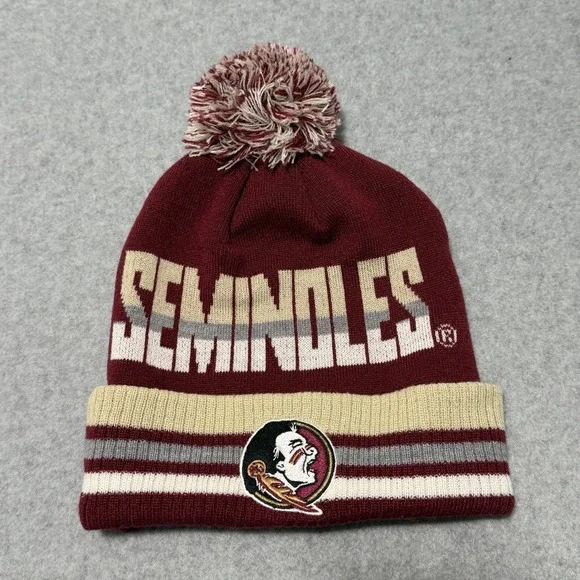 FSU Seminoles Captivating Brand Bering Cuff Knit Beanie Hat Pom Garnet Red Gold