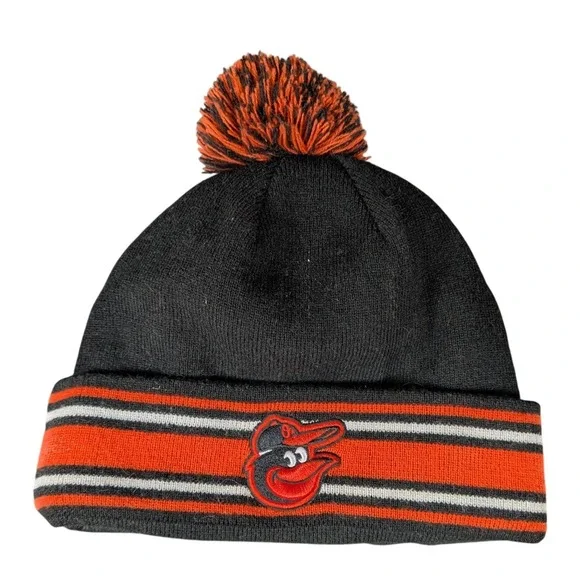 Baltimore Orioles MLB Knit Pom Beanie Hat Black Orange Striped Cartoon Bird Logo