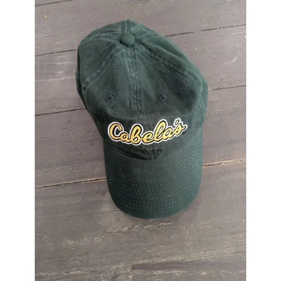 Cabelas Hat Cap Green Yellow Strapback Adjustable Distressed Embroidered