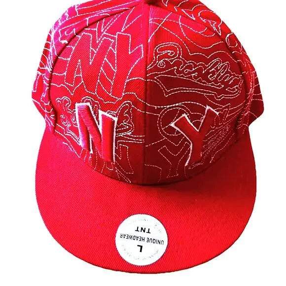 Y2K NY Red Hat White Stick Look Flat Bill New York Artsy 7 1/4 Retro RARE 90s