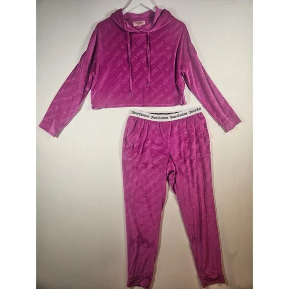 Juicy Couture Tracksuit Women M Purple Velour Y2K Logo Hoodie Jogger Set Lounge