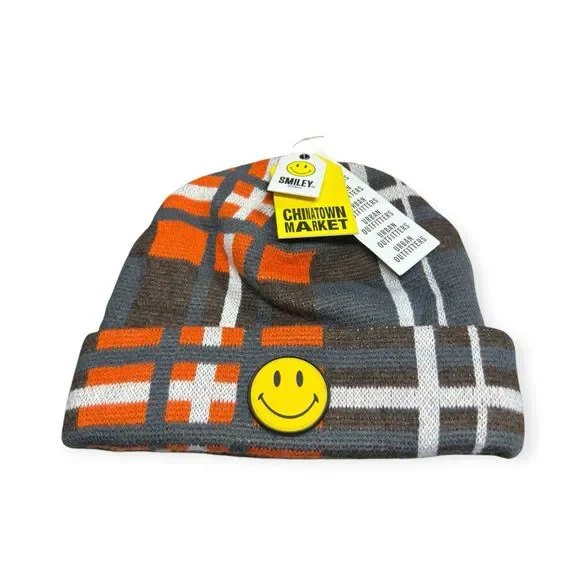Chinatown Market x Smiley Plaid Beanie Vintage Gray Orange Y2K BNWT