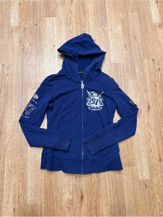 Seven7 Navy Blue Zip-Up Hoodie with Crest