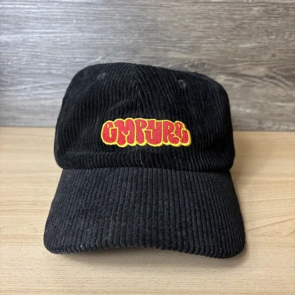 GMPURE Hat Cap Strap Back Black Corduroy Embroidered Logo Retro Style Mens